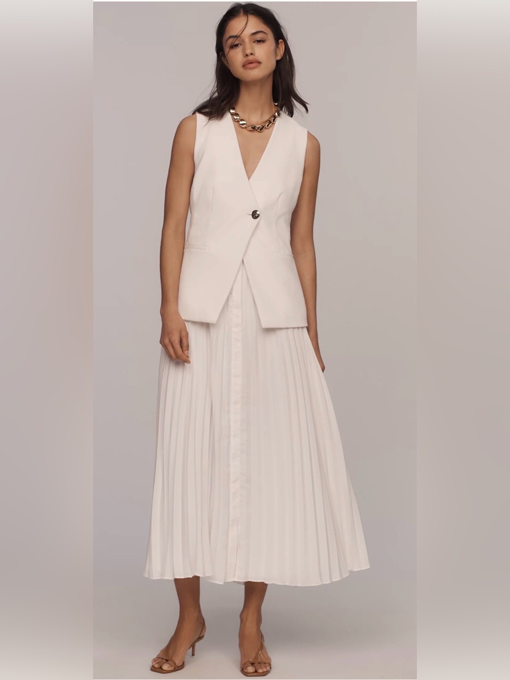 Derek Lam 10 Crosby Sleeveless Twofer Midi Blazer Vest with Pleated Midi - Ivory